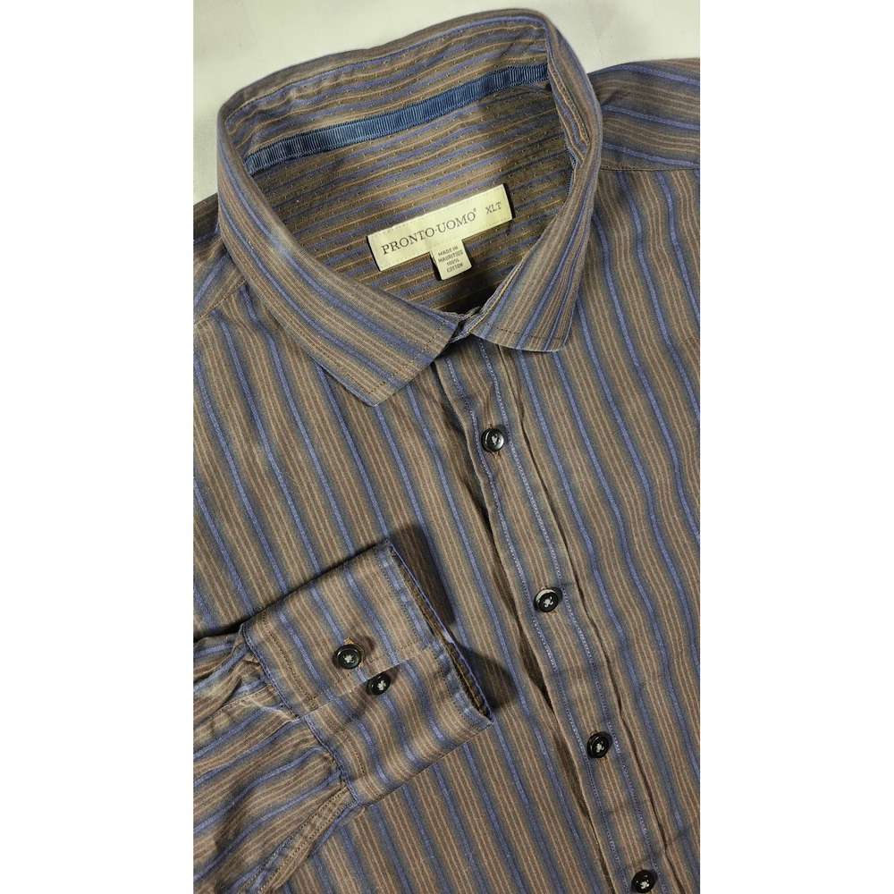 Pronto Uomo Mens XLT Brown Blue Striped Button Down Shirt Long Sleeve Cotton